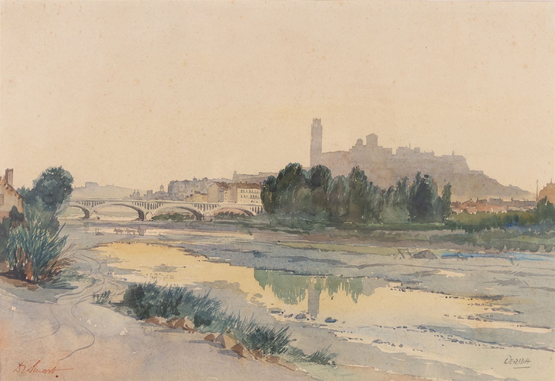 James Mudd (British 1821-1906): 'Leasowe Lighthouse New Brighton', watercolour signed and titled in pencil, 25cm x 35cm; Douglas Ian Smart (British 1879-1970): 'Lerida' Spain, watercolour signed and titled 25cm x 36cm (2)