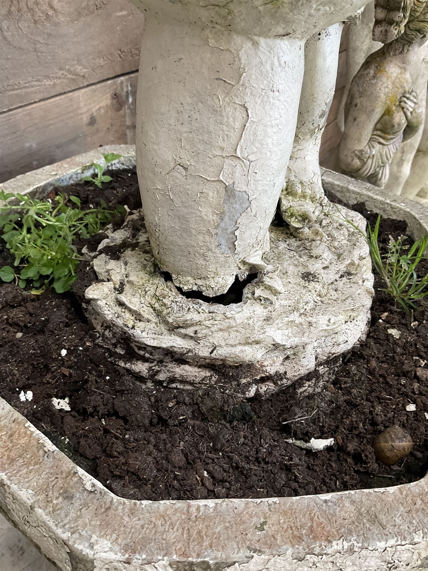 Four cast stone maiden figures, small bird bath and planter