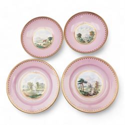 Two porcelain trios by James Bell, Glasgow, each painted with panels of Scottish landscapes, within gilt borders on pink ground, Newhall bute shape teacup, decorated in the Mother and Child pattern, Thomas Wolfe silver lustre teapot and circular dish, together with a Derby cup and saucer 