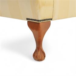 Wesley-Barrell - Georgian design traditional shaped armchair with rolled arms, sprung back and loose seat cushion upholstered in beige striped fabric with gold piping, raised on cabriole supports with ball and claw feet
