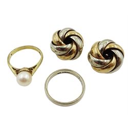 Gold single stone pearl ring, pair of gold knot earrings and a gold wedding band, all 9ct hallmarked or stamped