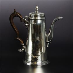 George II provincial silver coffee pot, of tapering cylindrical form, with wooden scroll c...