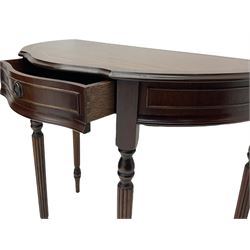 Victorian style mahogany console table, shaped moulded top on scrolled supports, moulded and canted base (W91cm, H76cm, D41cm), and a reproduction mahogany console or side table on reeded supports 