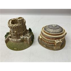 Five Lilliput Lane models from the 'Britain's Heritage' collection, comprising The Royal Albert Hall, Windsor Castle Round Tower, Eros and Nelson's Column and another snowed, all boxed