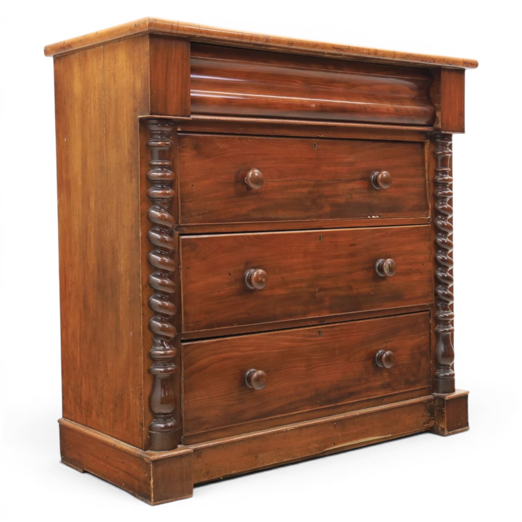 William IV style mahogany chest, rectangular moulded top over cushion-moulded frieze drawer and three long drawers with turned wooden handles, flanked by rope-twist turned pilasters, on plinth base