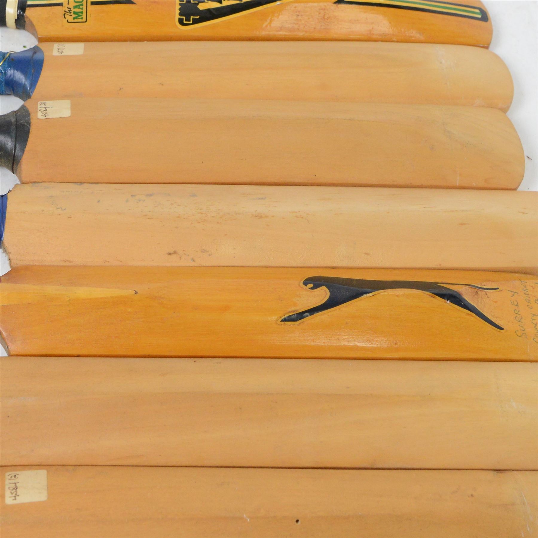 Sixteen signed miniature cricket bats, signed by 1990s County Cricket teams, including Northamptonshire 1992, Lancashire 1996, Surrey 1994, Essex 1991, Richard Blakely Benefit 1998, Worcester 1990 and Glamorgan 1994