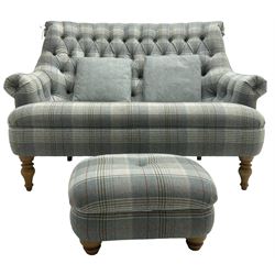 Wood Bros Furniture - 'Pickering Compact Two Seater Sofa', high rolled back, upholstered in buttoned 'Abraham Moon Huntingtower Celestial Fabric' in blue tartan, raised on turned oak feet, with matching footstool