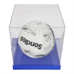 Sondico football signed at the Den by the Millwall football team December 2012, contained within a Perspex display case