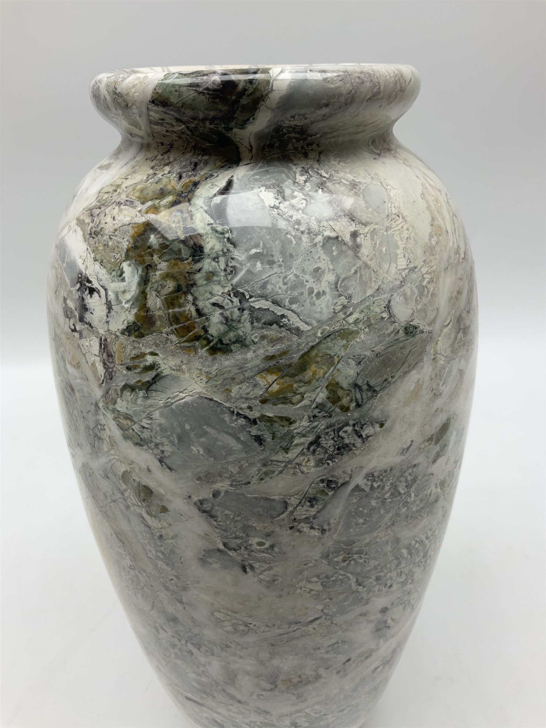 White marble vase, of baluster form, with grey, gold and green undertones, H30cm