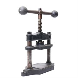 19th century cast iron book press, with large winding handle, H38cm 