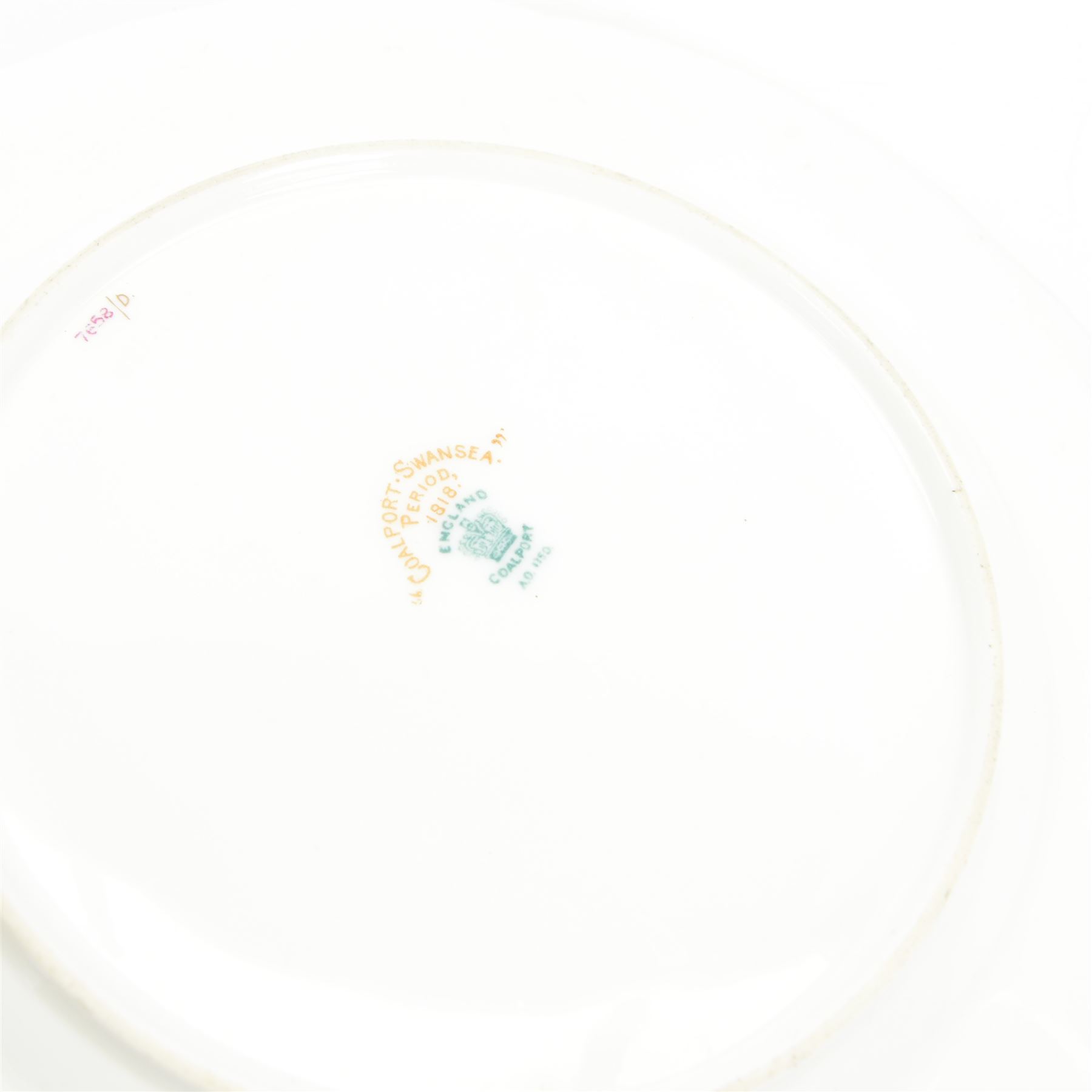 Early 19th century Coalport three handled goblet vase, shape no 114, and pair of plates, each hand painted with flowering pink roses upon a gilt band, against a dark blue ground heightened with trailing gilt tendrils, each marks beneath Coalport Swansea Period 1818, including handles vase H22.5cm, plates D23cm