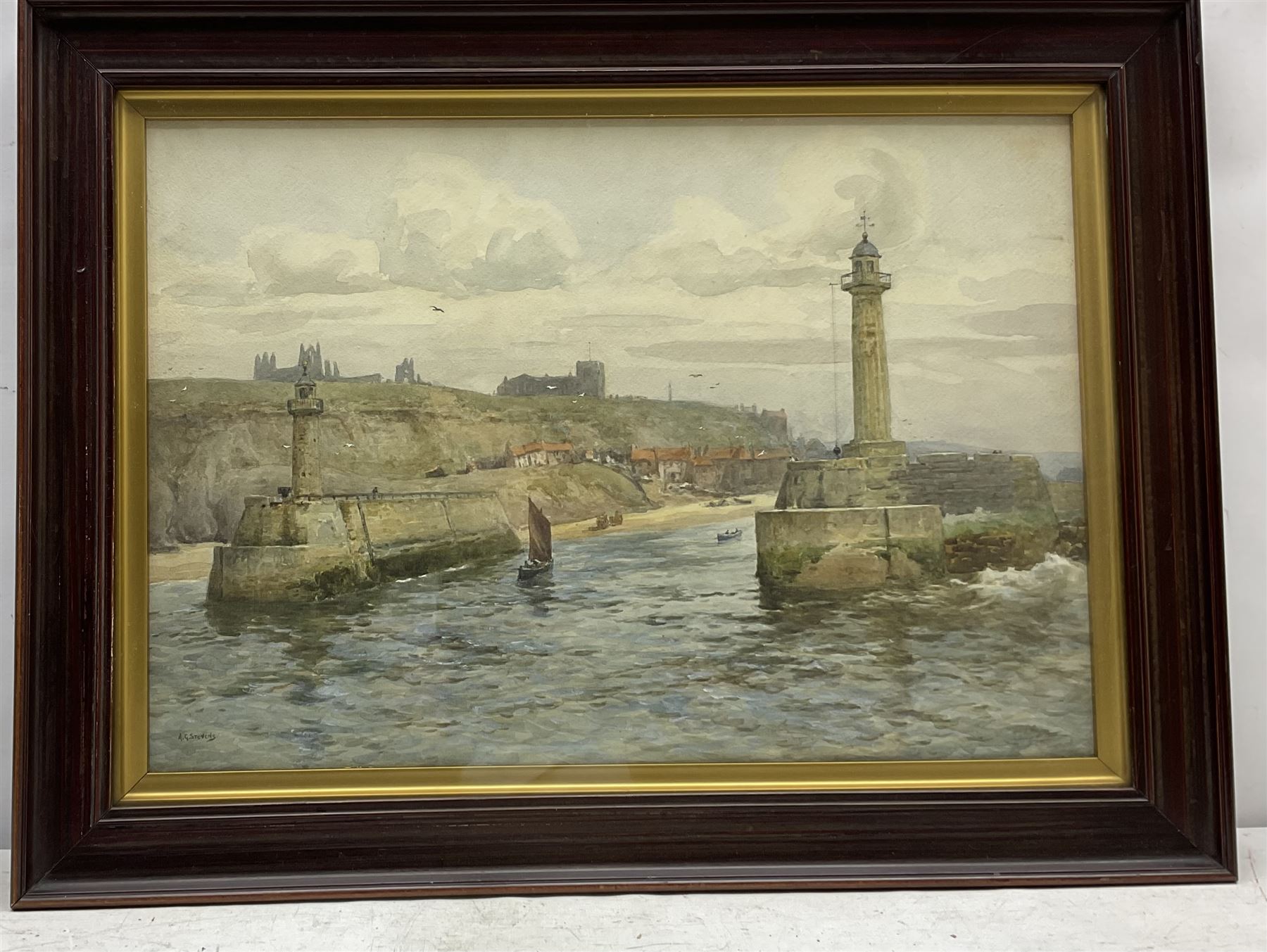 Albert George Stevens (Staithes Group 1863-1925): East and West Piers Whitby Harbour, watercolour signed 34cm x 49cm