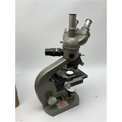 Olympus binocular microscope, numbered '222161', H37cm, in wooden case, untested