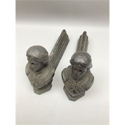 Late 19th century cast iron fire dogs, modelled as female busts possibly Joan of Arc H20cm.  