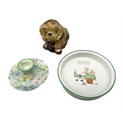 Shelley Mabel Lucie Attwell baby's plate, 'Gee Up, Good Ned! How Slow You Are! We Can't Go Fast, So We Won't Go Far' together with a Shelley Melody pattern candlestick and a 1930's perky pup