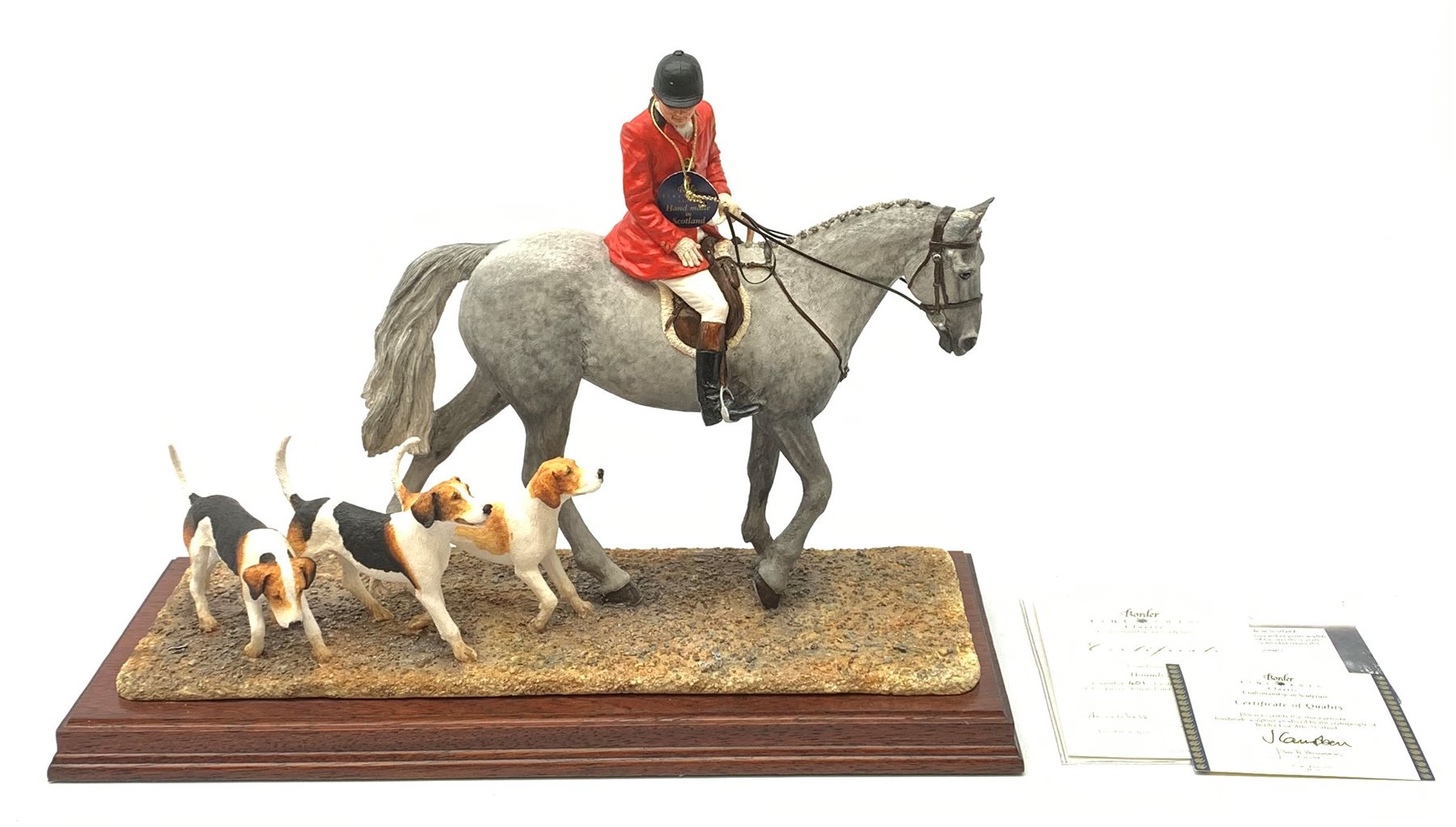 A limited edition Border Fine Arts figure group, Hounds Away, model no B1070A by Anne Wall, 401/950, on wooden base, figure L35cm, with accompanying certificate. 
