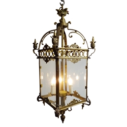  20th century brass three light hall lantern, square section openwork frame with bevelled glass panels, H100cm   