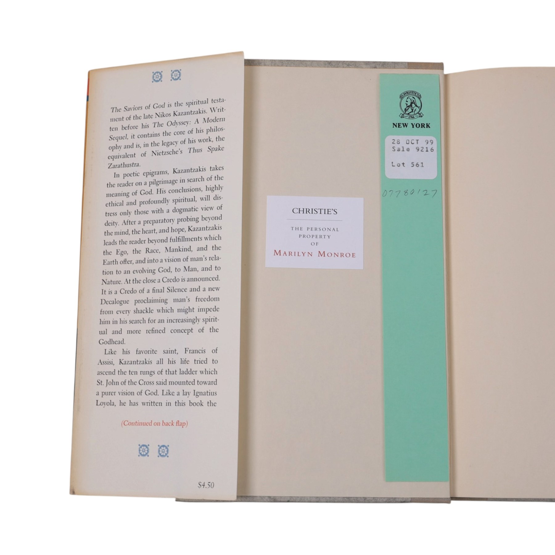 Marilyn Monroe - six religious books originally owned by Marilyn Monroe, purchased as part of lot 561 from 'The Personal Property of Marilyn Monroe' auction held at Christies, New York, October 1999, to include Kazantzakis, Nikos: The Saviors of God Spiritual Exercises, Doresse, Jean: The Secret Books of the Egyptian Gnostics, McCarthy, Mary: Memories of a Catholic Girlhood, Buber, Martin: The Tales of Rabbi Nachman, etc