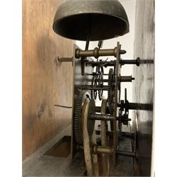 Whitehead of Wetherby - 30hr oak cased longcase clock c1790 with a swans necked pediment  and brass parterre, break arch hood door and trunk with quarter columns and long trunk door, on a stepped plinth with a raised panel and bracket feet, early painted dial with Roman numerals and five-minute Arabic's, floral decoration to the arch and spandrels, dial pinned directly to a rope driven movement with a countwheel strike.  With weight and pendulum.