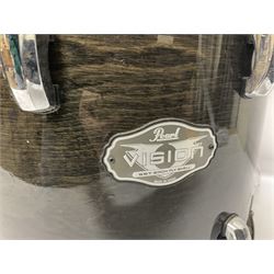 Pearl Vision SST Birch Ply shell four-piece drum kit in black comprising bass drum with foot pedal and three graduated toms; together with Pearl Custom Alloy Sensitone steel snare drum, drum and cymbal stands, microphone stand, stool and various drum sticks 