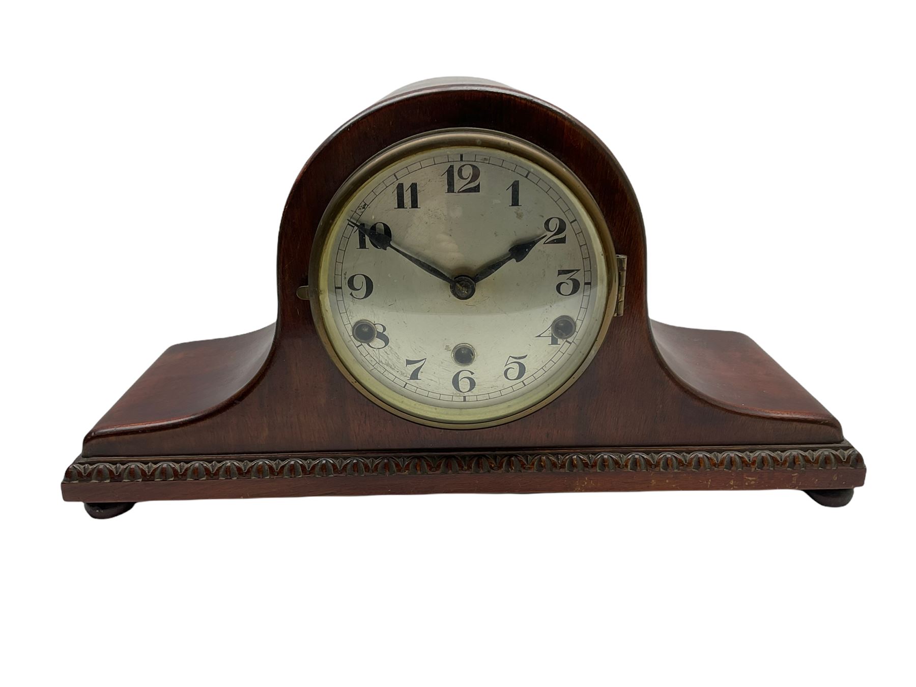 A mahogany cased Tambour clock with a German eight-day movement sounding the quarters and hours on gong rods, with a 6” silvered dial , Arabic numerals and minute track, steel spade hands within a spun brass bezel and convex glass.
With pendulum. 




