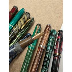 Collection of fountain pens, including Mentmore example with gold nib, Watermans, Platignum Fortis, etc