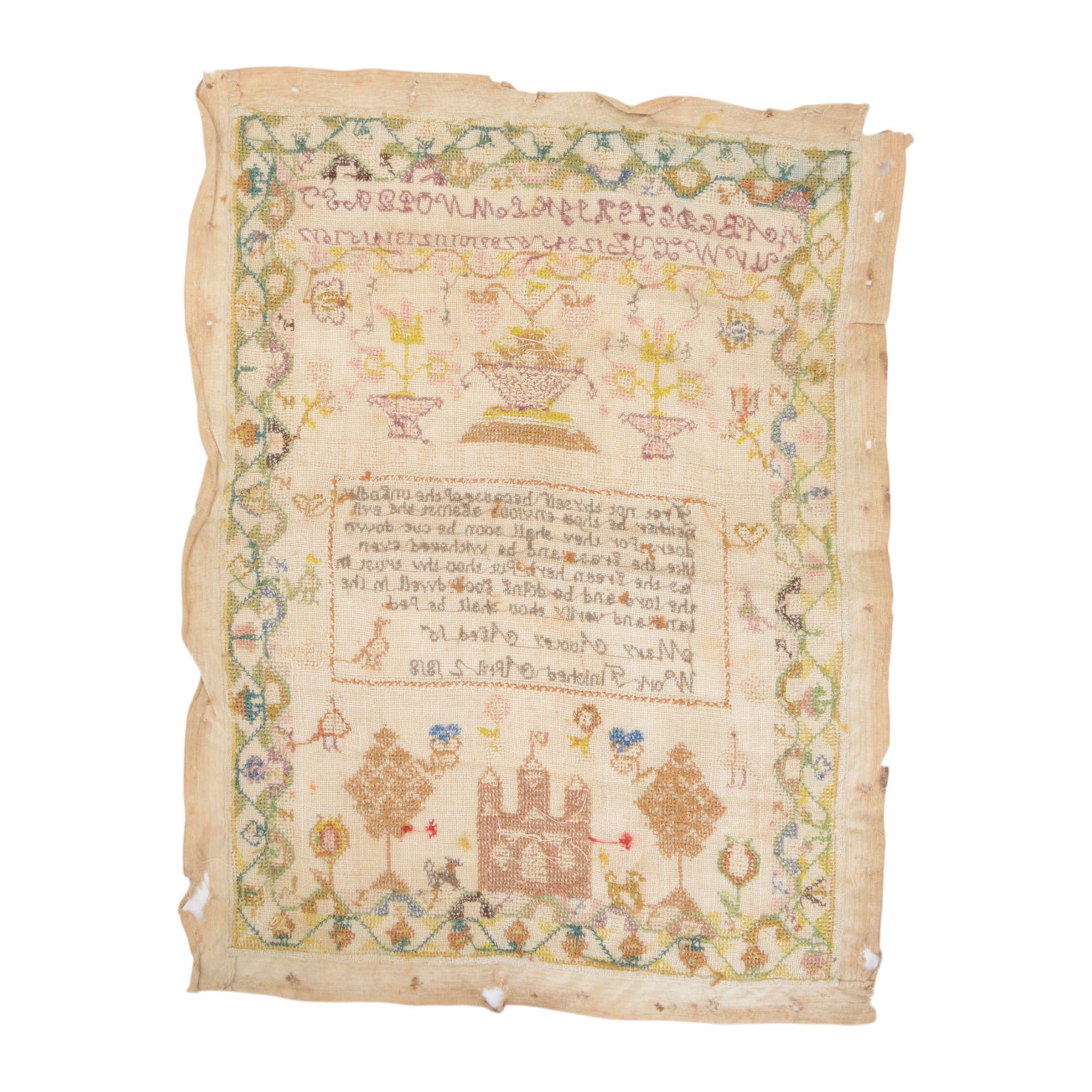 Early 19th century sampler worked by Mary Audley aged 15 years dated 1818, depicting alphabet and numbers above a religious passage, bordered by animals, buildings and insects, unframed, H45cm