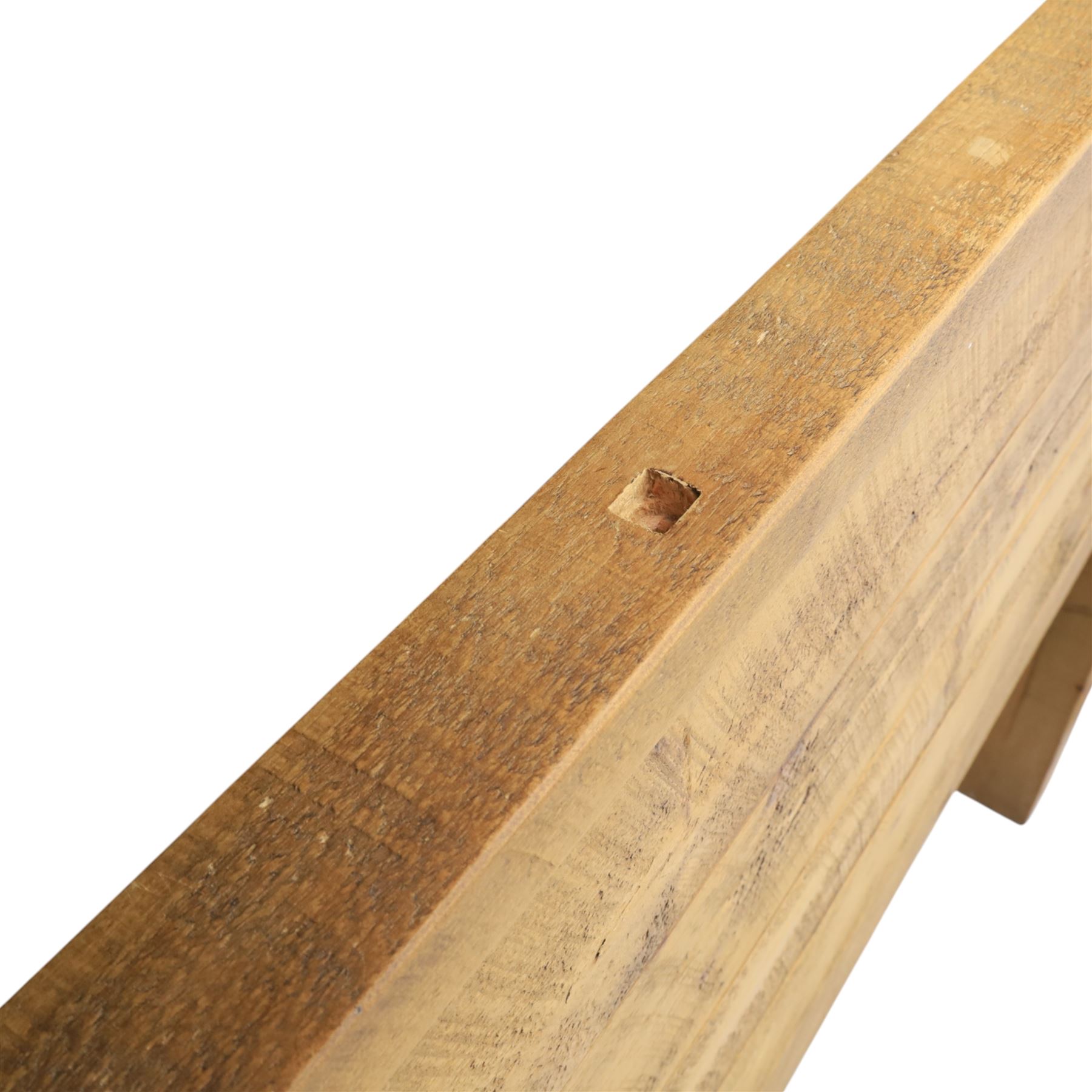 Alexander Ellis of Beverley - rustic pine king sized bed, of plank form construction with visible dowels, raised on stile supports