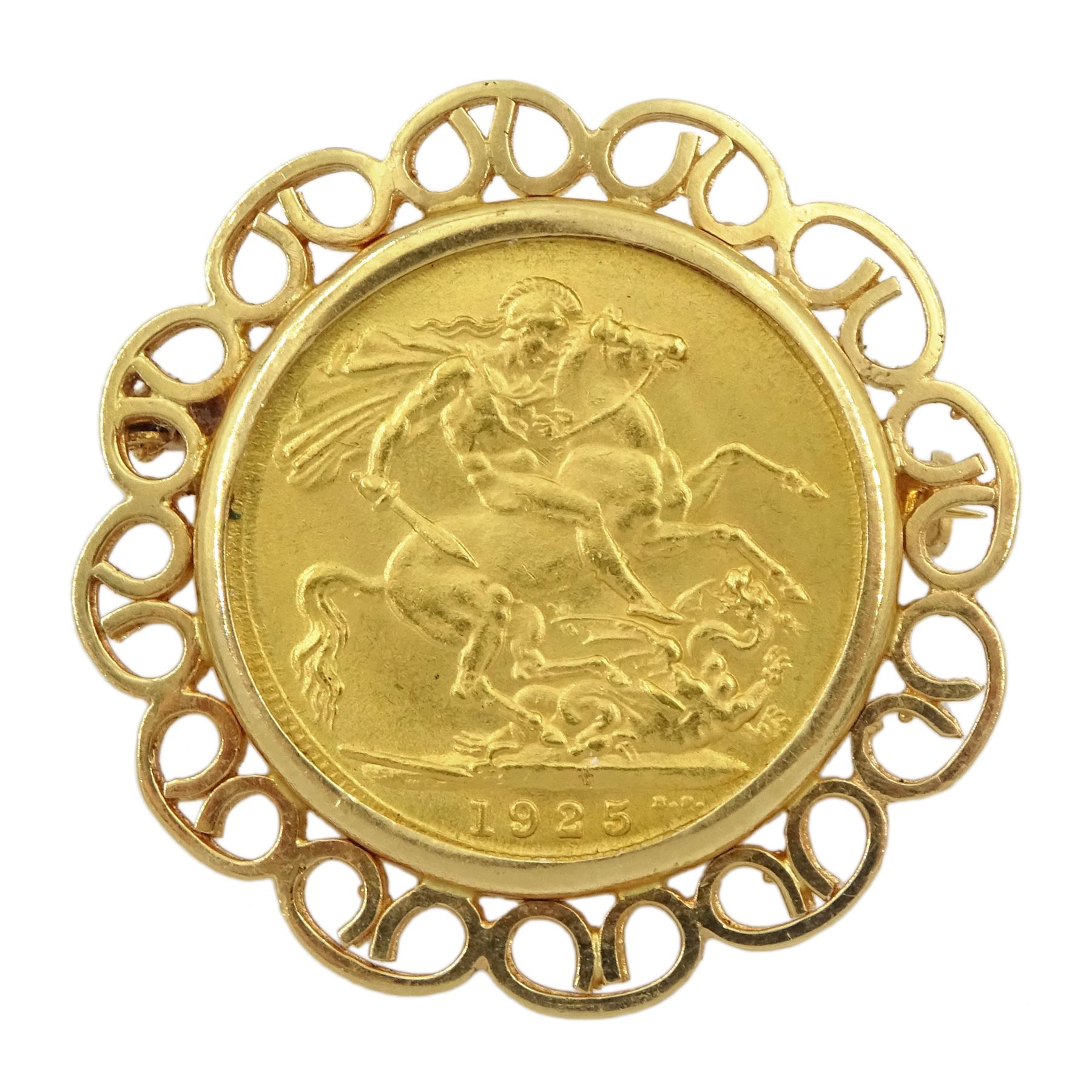King George V 1925 gold full sovereign coin, loose mounted in 18ct gold brooch