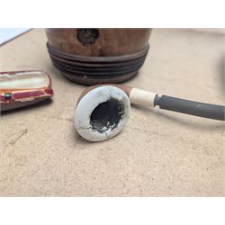 Turned wooden tobacco jar, pipe and an amber cheroot holder, H20cm