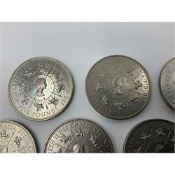 Six Queen Elizabeth II United Kingdom five pound coins