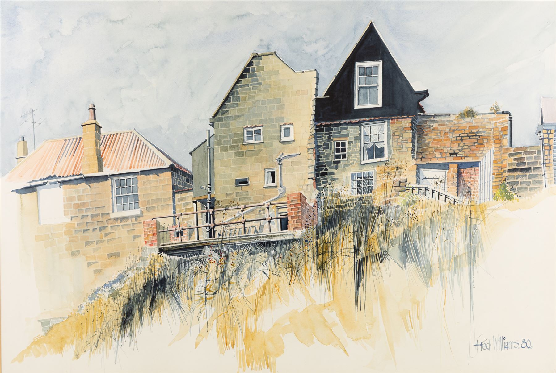 Fred Williams (British 1930-1986): A Balcony Overlooking Robin Hood's Bay, watercolour signed and dated '80, 51cm x 74cm 