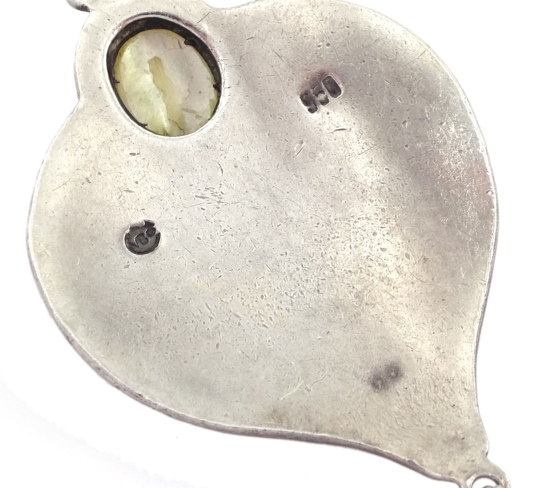 Murrle Bennett silver Art Nouveau blue / green enamel and blister pearl pendant, stamped 950, on chain necklace