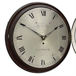 Thomas Moss of London – late 18th century 8-day fusee wall clock c1790, 12” silvered brass dial within a cast brass bezel, short Roman numerals and minute track with matching pierced steel hands, four pillar timepiece movement with a recoil anchor escapement and wire driven fusee, case with lower and side pendulum regulation doors. With pendulum and key.
Thomas Moss worked on Ludgate Street from 1775 and was a member of the clockmakers company 1786-d.1827.
