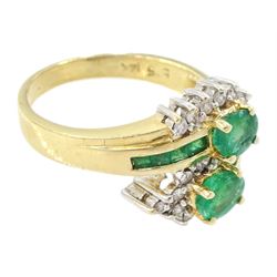 14ct gold emerald and diamond crossover ring, two oval cut emeralds with round brilliant cut diamond surround, with channel set calibre cut emerald shoulders, stamped 585