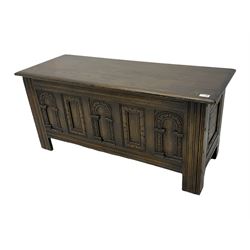 Old Charm - oak blanket box, hinged top, carved front