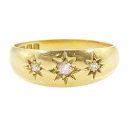 Edwardian 18ct gold gypsy set, three stone old cut diamond ring, Birmingham 1908