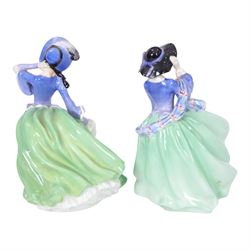 Six Royal Doulton figures, comprising Victorian Lady HN728, Top of the Hill in two colourways, HN1833 HN1849 and Autumn Breeze in three colourways HN1913, HN2131 and HN3736