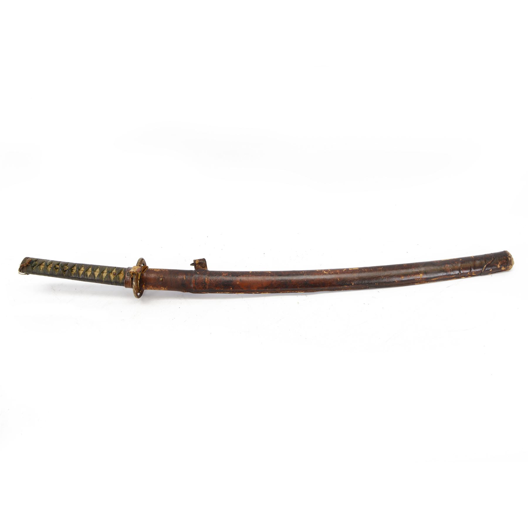 Japanese Army Officers Gunto Sword,  with 64cm steel single edged blade, bronze tsuba and wrapped fish skin grip, in leather scabbard overall L87cm