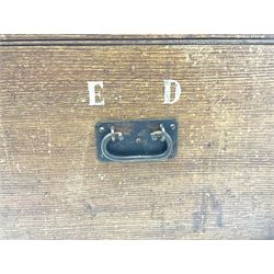 Victorian scumbled camphorwood blanket box, side carrying handles, painted initials 'ED'