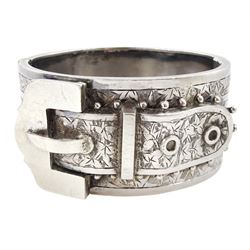 Victorian silver hinged buckle bangle with ivy leaf bright cut decoration by H Bros, Birmi...
