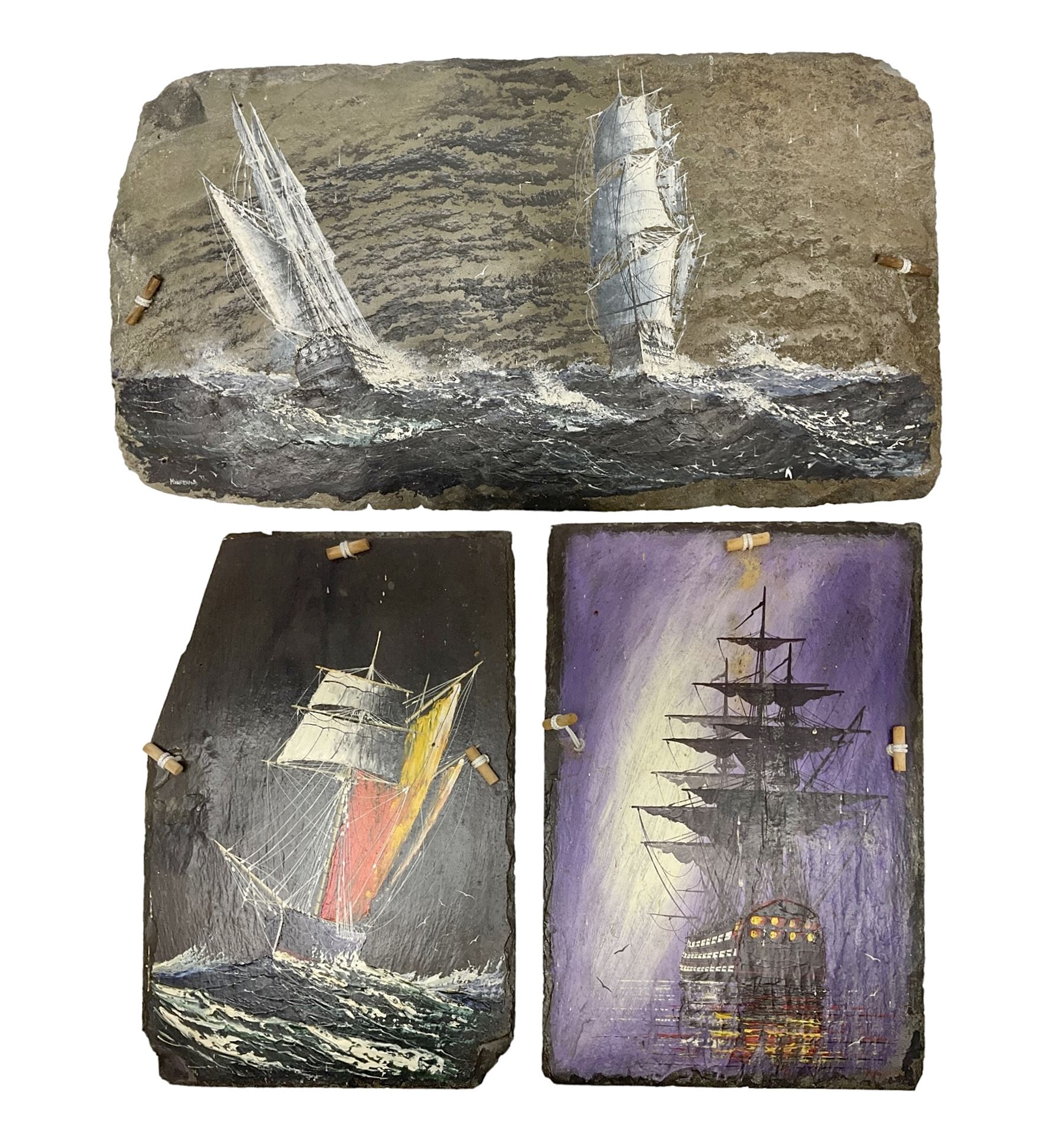 Michael J Whitehand (British 1941-): Three oil paintings of ships on slate signed, largest H40cm, L75cm