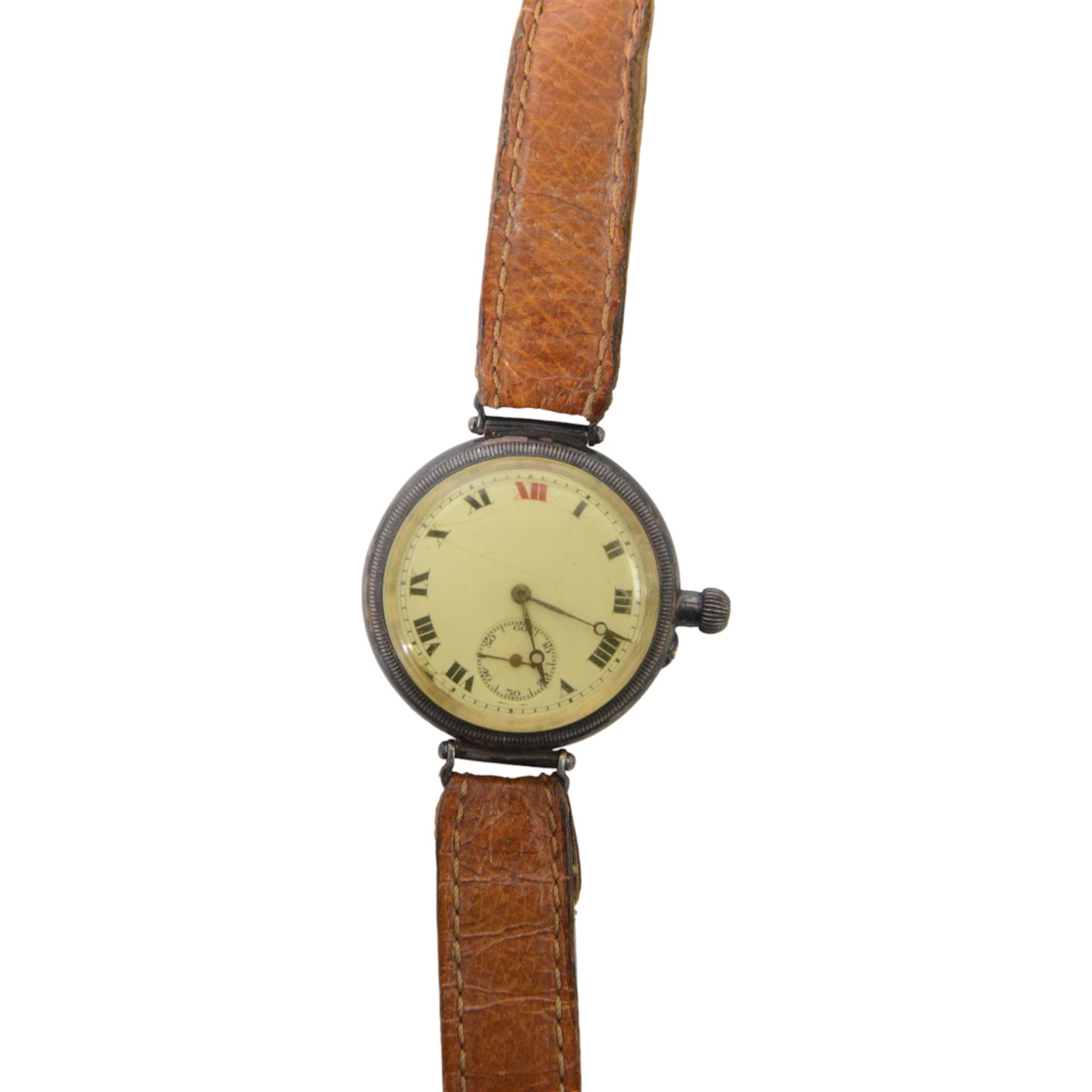 Silver cased trench watch enamel dial with Roman numerals, red XII, Longines movement, used in the Boer war, inscribed to the back 'E M Everitt From W.E Everitt 1882' 