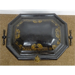  Regency Toleware coal wagon, elongated octagonal body with C scroll cast handles, stepped domed lid with chinoiserie scroll border and on four five spoked cast gilt wheels, W55cm, D37cm, H38cm, with tin liner  