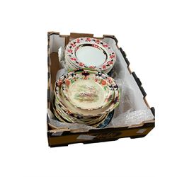 Two Coalport trios, decorated with birds and flowers, together with coloured glass decanters and other collectables, in five boxes 