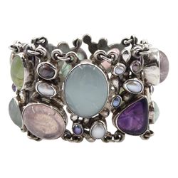 Jan Pomianowski silver articulated link bracelet, set with pearls and cabochons hardstones including amethyst and rose quartz, Polish and English hallmarks, Sheffield 2005 