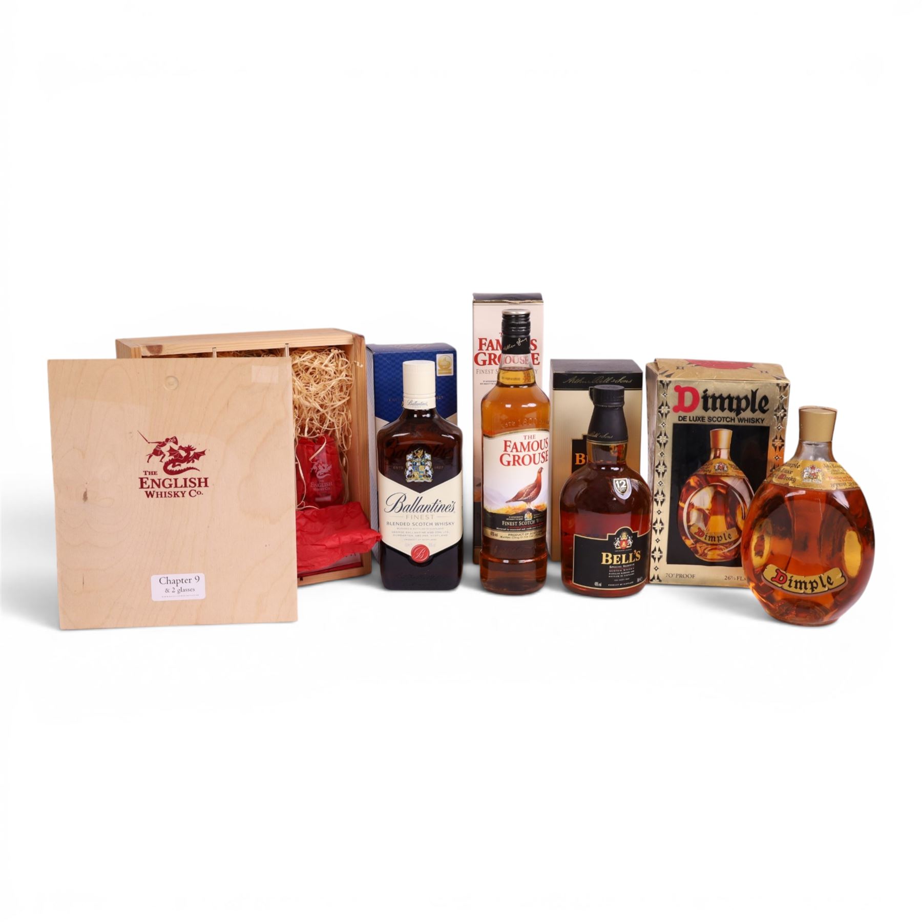 Bells 12 year old blended scotch whisky, together with Ballantine's blended scotch whisky, Dimple de luxe scotch whisky and the Famous Grouse, etc various contents and proof 