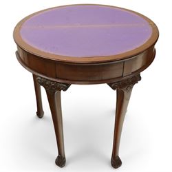 Pair of Victorian mahogany demi-lune card tables, the lunette shaped fold-over top enclosing purple-baize lined interior and supported by gate-leg action, banded frieze over cabriole supports with scrolling acanthus leaf knees, terminating to scrolled foliate feet