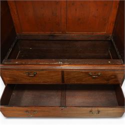 George III mahogany linen press, dentil moulded cornice over a pair of panelled doors enclosing a later fitted interior, lower section with two short over one long cockbeaded drawer, brass swan neck handles, shaped bracket feet