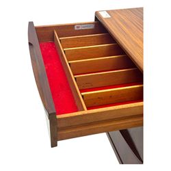 Tom Robertson for McIntosh of Kirkcaldy - mid-20th century 'Dunfermline' sideboard, the central twin cupboard doors flanked by bank of three drawers to one side and a fall front drinks cabinet to the other, raised on tapered supports